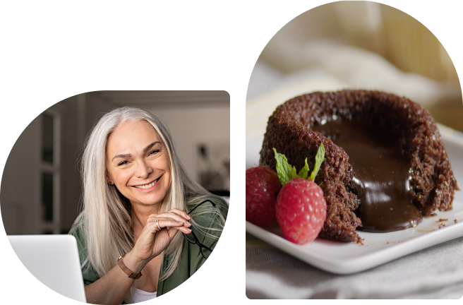 older woman smiling, chocolate lava cake with rasberries
