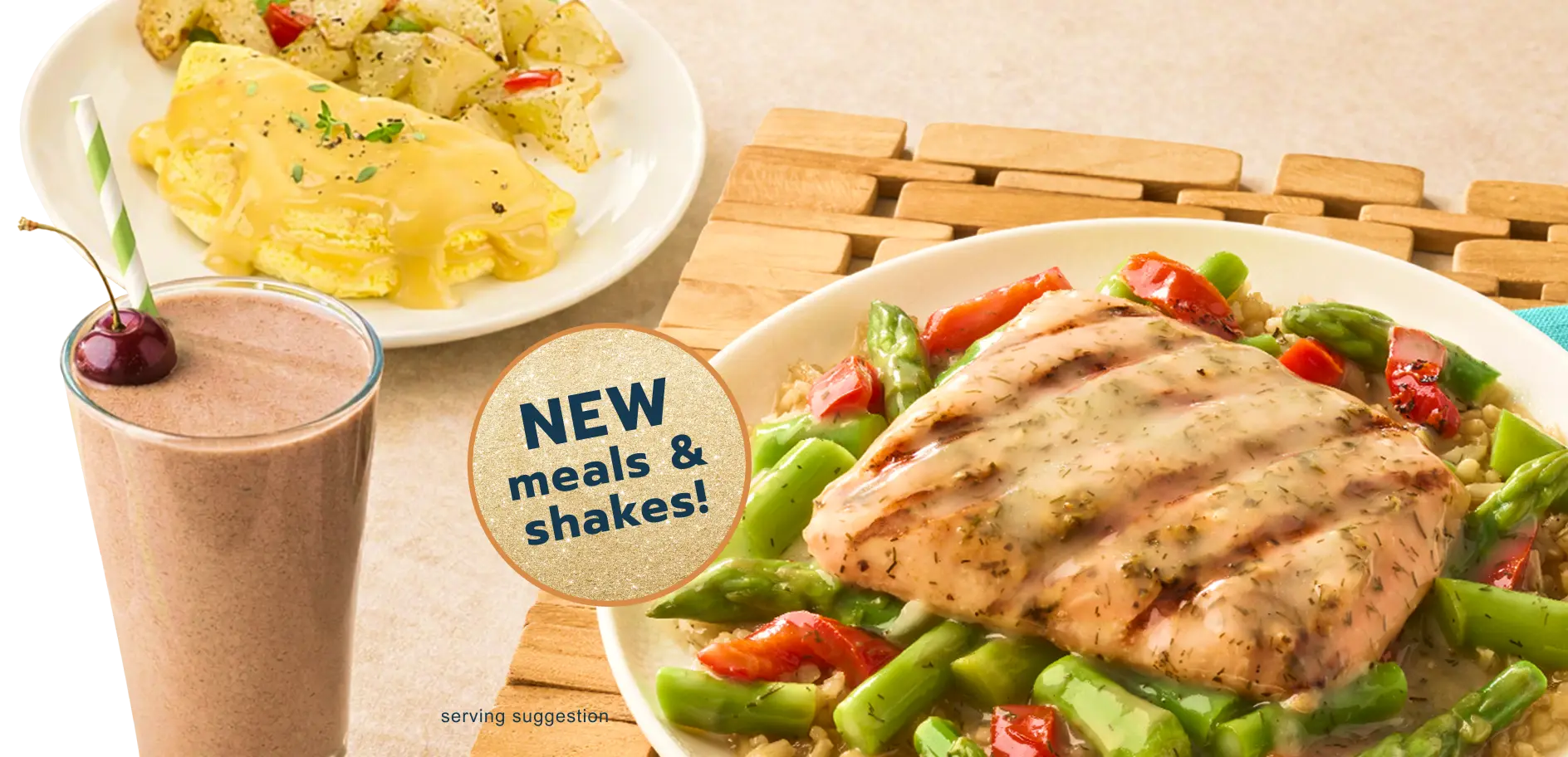 chocolate shake with eggs and potatoes and a skillet meal of chicken and vegetables. New meals & shakes!