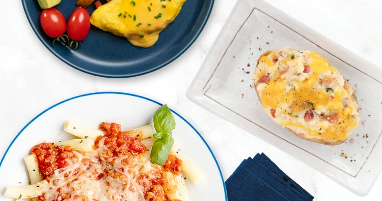 pasta, omelet and stuffed baked potato